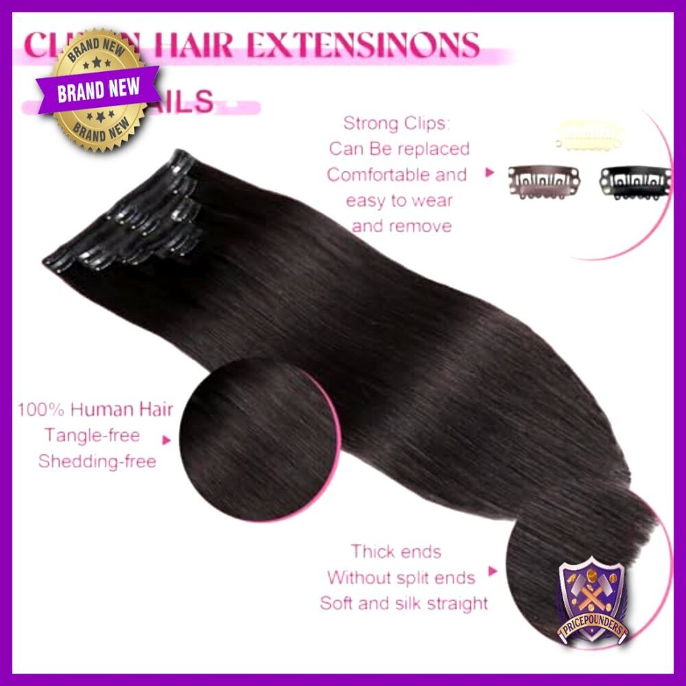 Real Human Hair Clip-In Extensions 20 Inch Straight Seamless 8pc Double Weft - Picture 3 of 6
